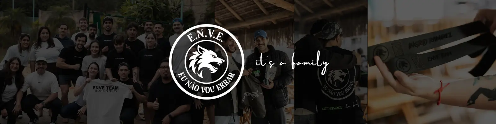 Alunos da ENVE Training Club reunidos, com o logo do lobo e a frase it's a family